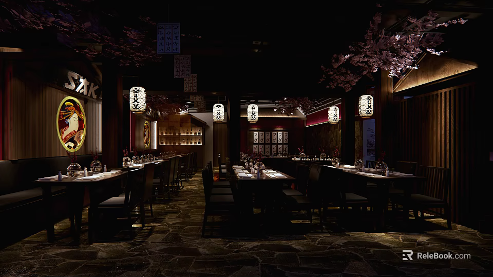Traditional Japanese Restaurant Interior With Washi Lanterns Cherry Blossom Trees Warm Lighting And Wooden Decor 3d model 