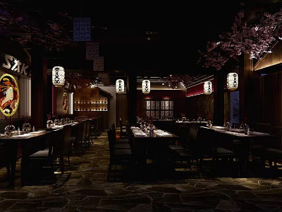 Traditional Japanese Restaurant Interior With Washi Lanterns Cherry Blossom Trees Warm Lighting And Wooden Decor 3d model
