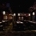 Traditional Japanese Restaurant Interior With Washi Lanterns Cherry Blossom Trees Warm Lighting And Wooden Decor
