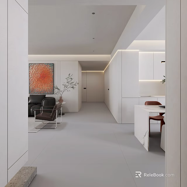 Modern Hallway Design With White Cabinets Decorative Artwork Potted Plant And Recessed Lighting 3d model 