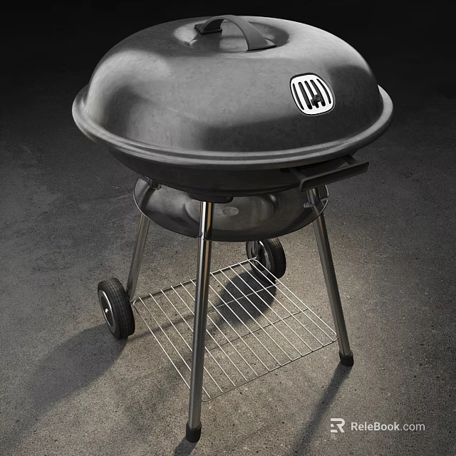 Black Outdoor Grill With Metal Stand Wheels Logo On Lid And Bottom Wire Rack 3d model 