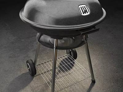 Black Outdoor Grill With Metal Stand Wheels Logo On Lid And Bottom Wire Rack 3d model