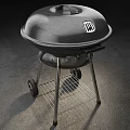 Black Outdoor Grill With Metal Stand Wheels Logo On Lid And Bottom Wire Rack