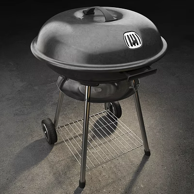 Black Outdoor Grill With Metal Stand Wheels Logo On Lid And Bottom Wire Rack 3d model