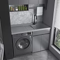 Home Balcony With Washing Machine Grey Cabinets Marble Wall Near Window With Blinds