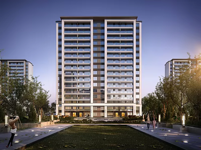 Modern High-rise Residential Building With Lush Lawn Trees And People Walking Around 3d model