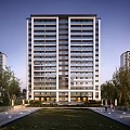 Modern High-rise Residential Building With Lush Lawn Trees And People Walking Around
