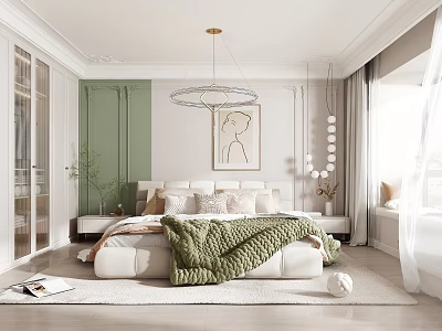 Modern Bedroom Interior Design With Green Wall Artwork Chandelier And Throw Blanket Rug 3d model