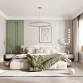 Modern Bedroom Interior Design With Green Wall Artwork Chandelier And Throw Blanket Rug