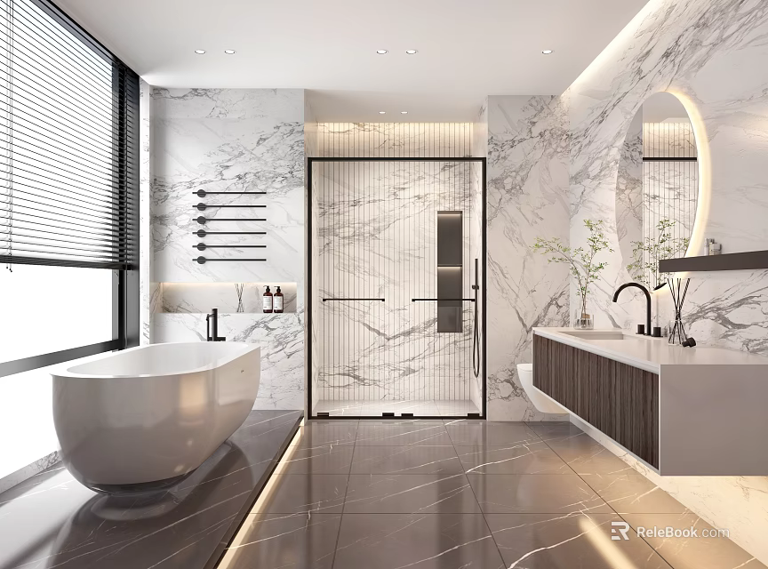 Modern Bathroom Suite With Freestanding Bathtub Shower Enclosure Marble Walls Vanity And Dark Floor Tiles 3d model 