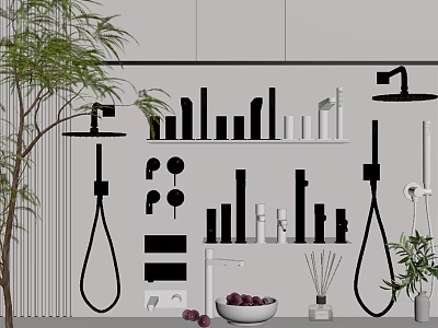 Modern Stylish Bathroom Accessories With Shower Heads Faucets Shelves Toiletries And Green Plants 3d model
