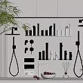 Modern Stylish Bathroom Accessories With Shower Heads Faucets Shelves Toiletries And Green Plants