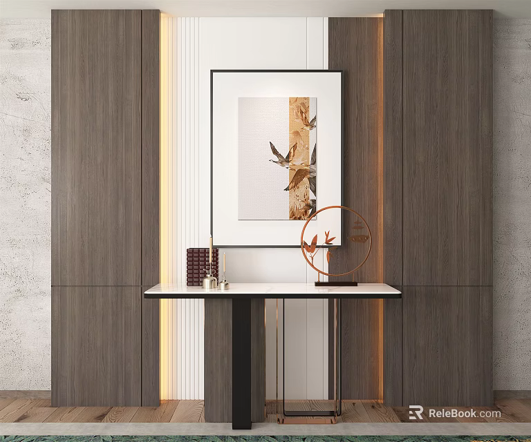 Modern Console Table Design With Artwork Decorative Items And Wooden Backdrop 3d model