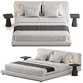 Modern Double Bed With Linen Fabric Plush Pillows Black Nightstand And Decorative Foot Strip