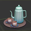Blue White Gradient Teapot and Blue Teacups on Wooden Tray with Saucers and Tea Bags for Daily Use