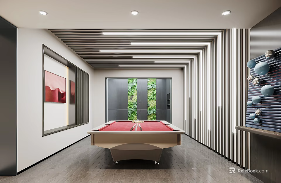 Modern Game Room Interior With Pool Table Green Plant Wall And Strip Lights 3d model 