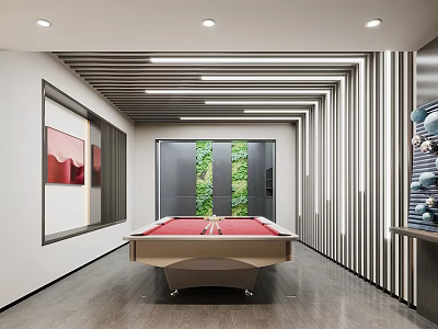 Modern Game Room Interior With Pool Table Green Plant Wall And Strip Lights 3d model