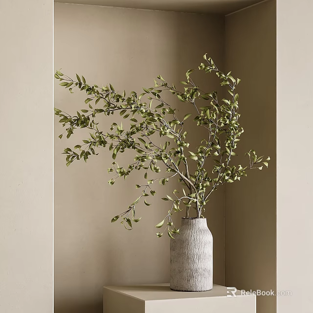 Decorative Gray Vase with Green Leafy Branches in Beige Corner Interior 3d model