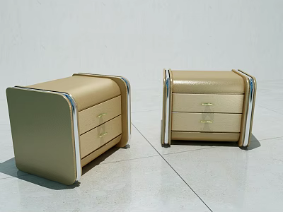 Modern Beige Leather Bedside Tables With Drawers And Metal Trim For Bedroom 3d model