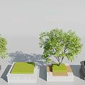 Different Tree Planter Designs With Square White Grey Bases Green Tops And Growing Trees 3d model