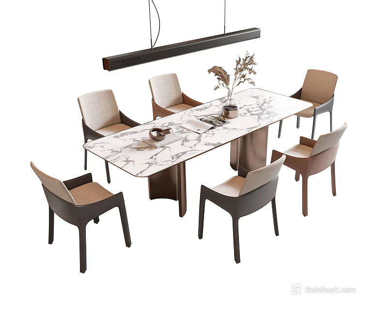 Modern Dining Table And Chairs Set With Marble Top Six Chairs Flower Vase Centerpiece 3d model 