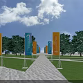 Wide Stone Pathway With Green Trees On Both Sides And Colorful Banners Under Blue Sky