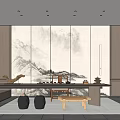 Elegant Traditional Tea Room Interior With Mountain Water Painting Backdrop Wooden Table and Tea Sets