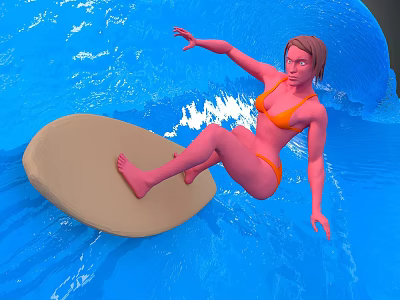 Dynamic Female Surfer Sculpture With Orange Bikini On Blue Wave And Light Brown Surfboard 3d model
