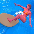 Dynamic Female Surfer Sculpture With Orange Bikini On Blue Wave And Light Brown Surfboard