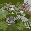 Garden Landscape Design With Stone Path Circular Seating Green Plants Lawn And Modern House