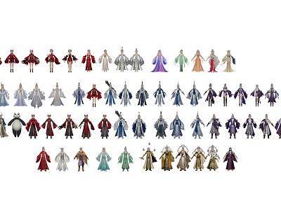 Collectible Character Figurines with Various Colored Costumes Arranged in Rows 3d model