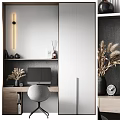Modern Desk With Computer Monitor Gray Chair Decorative Vase Dried Pampas Grass And Wall Clock