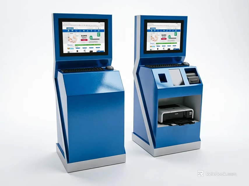 Modern Blue Commercial Self Service Kiosks With Touch Screens And Receipt Printers 3d model 