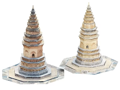 Traditional Chinese Pagodas Two Multi tiered Stone Brick Structures With Base Platforms And Spire Tops 3d model