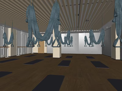 Spacious Aerial Yoga Studio With Hanging Hammocks And Yoga Mats On Wooden Floor 3d model