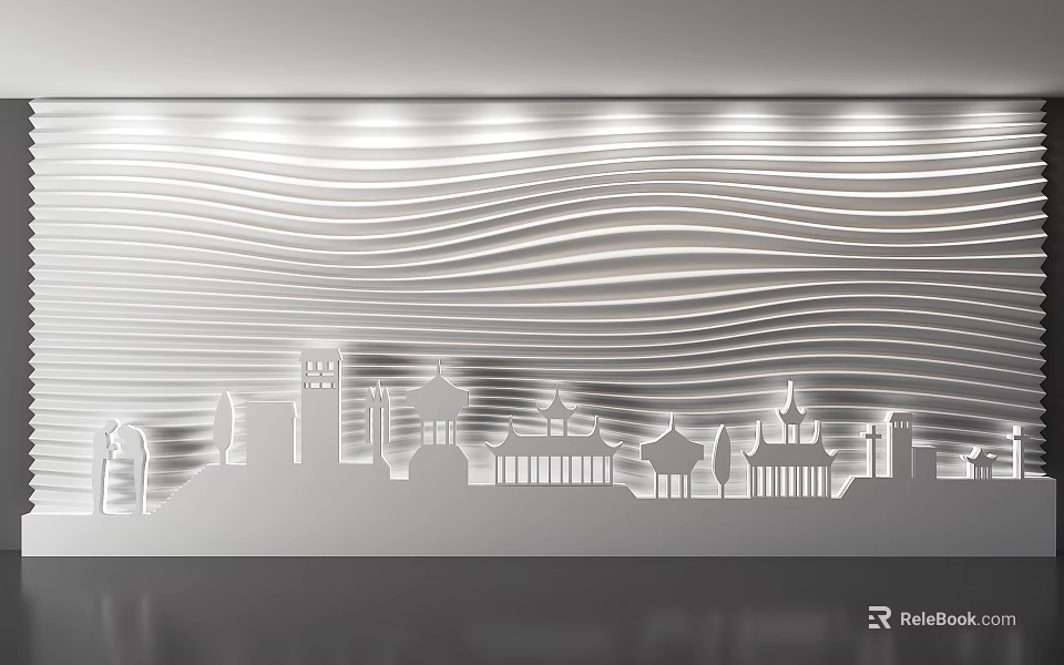 Contemporary Background Wall with Wavy Texture and City Silhouette Design Under Soft Lighting 3d model 