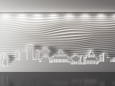 Contemporary Background Wall with Wavy Texture and City Silhouette Design Under Soft Lighting 3d model