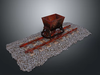 Small Rustic Mine Cart Model on Railway Track with Gravel Surface 3d model