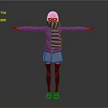 3D Character Model With Green Top Purple Striped Scarf Gray Skirt Black Stockings Arms Outstretched