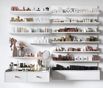 Various Perfumes And Cosmetics On White Shelves With Dressing Table Mirror Brushes And Colorful Bottles 3d model