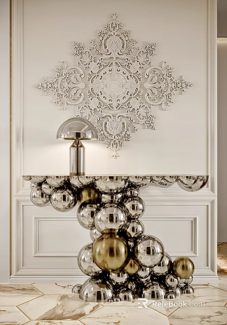 Elegant Console Table with Silver Lamp and Sphere Base Against Carved Wall Decor 3d model