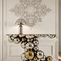 Elegant Console Table with Silver Lamp and Sphere Base Against Carved Wall Decor 3d model