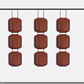 Set Of Three Red Stacked Cylindrical Lanterns Hanging On Black Rod As Household Items