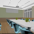 Spacious Conference Room With Long White Table Blue Chairs Green Plants And Bright Lighting
