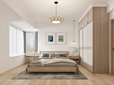 Modern Bedroom Interior With Wooden Bed Wardrobe Desk And Pendant Light 3d model