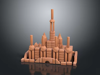 Wooden Block Castle Architecture Featuring Multiple Towers Spire And Various Height Blocks 3d model