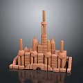 Wooden Block Castle Architecture Featuring Multiple Towers Spire And Various Height Blocks