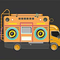 Yellow Mobile Sound Truck With Large Speakers Neon Lights And Control Panel