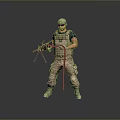 Game Movie Character with Tactical Vest Cap Holding Weapon Standing Camouflage Pants Boots Gray Background