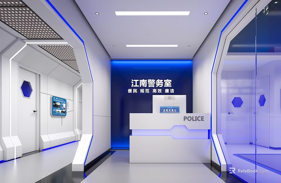 Modern Police Service Hall Interior With Blue White Design Counter And Citizen Service 3d model 